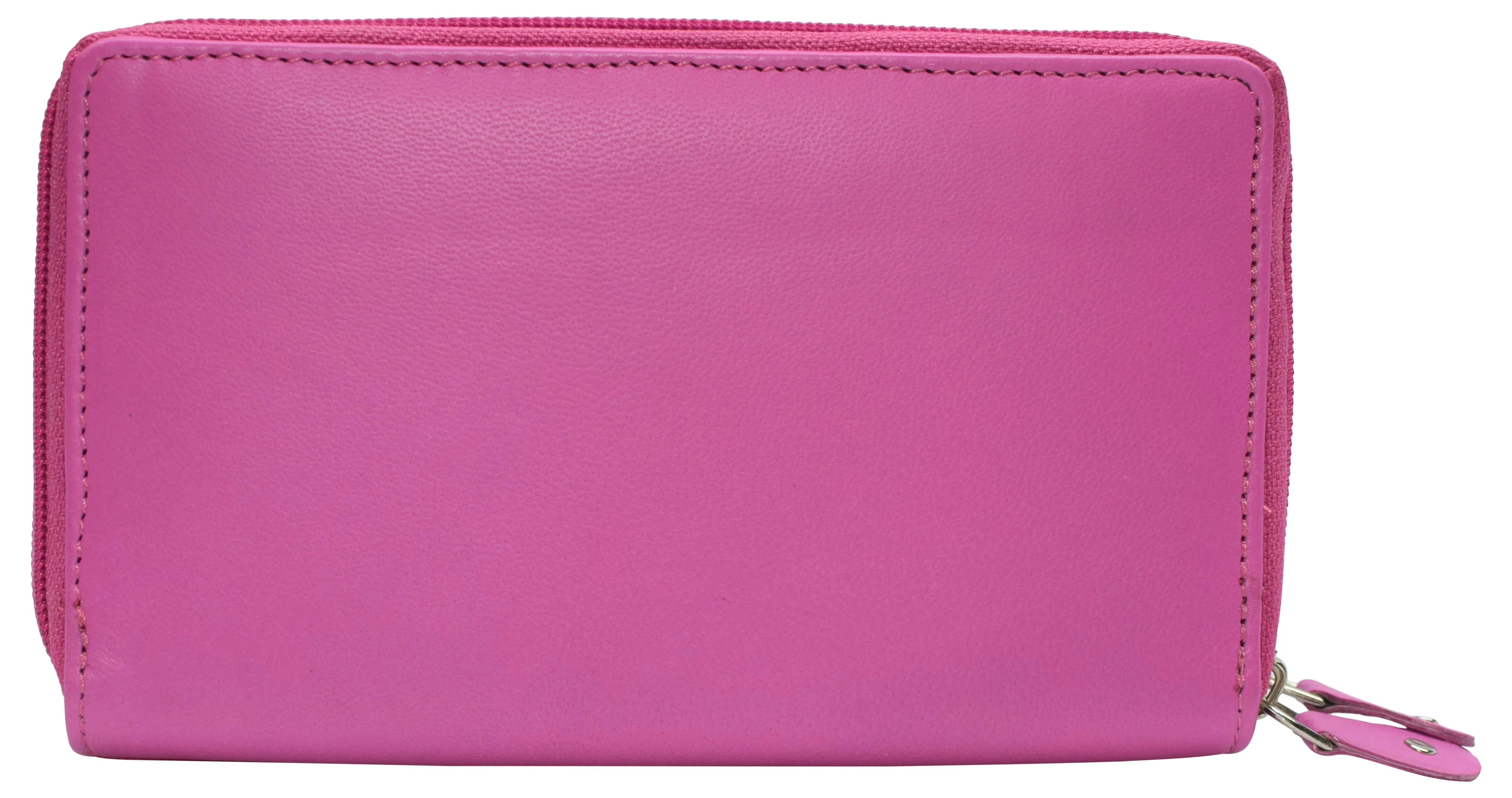 RFID Blocking Double Zipper Smartphone Genuine Leather Large Women's Wallet Hot Pink