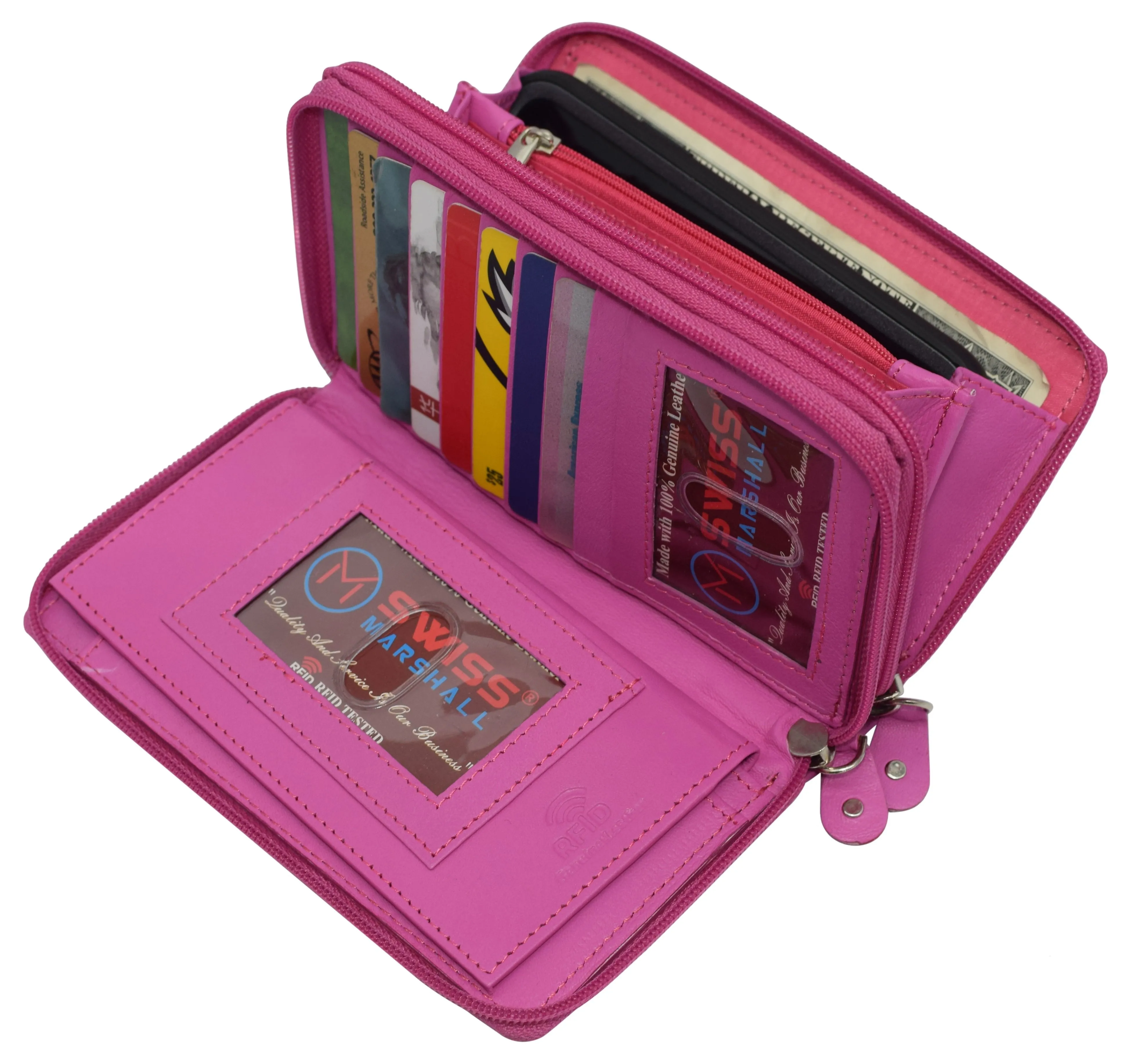RFID Blocking Double Zipper Smartphone Genuine Leather Large Women's Wallet Hot Pink
