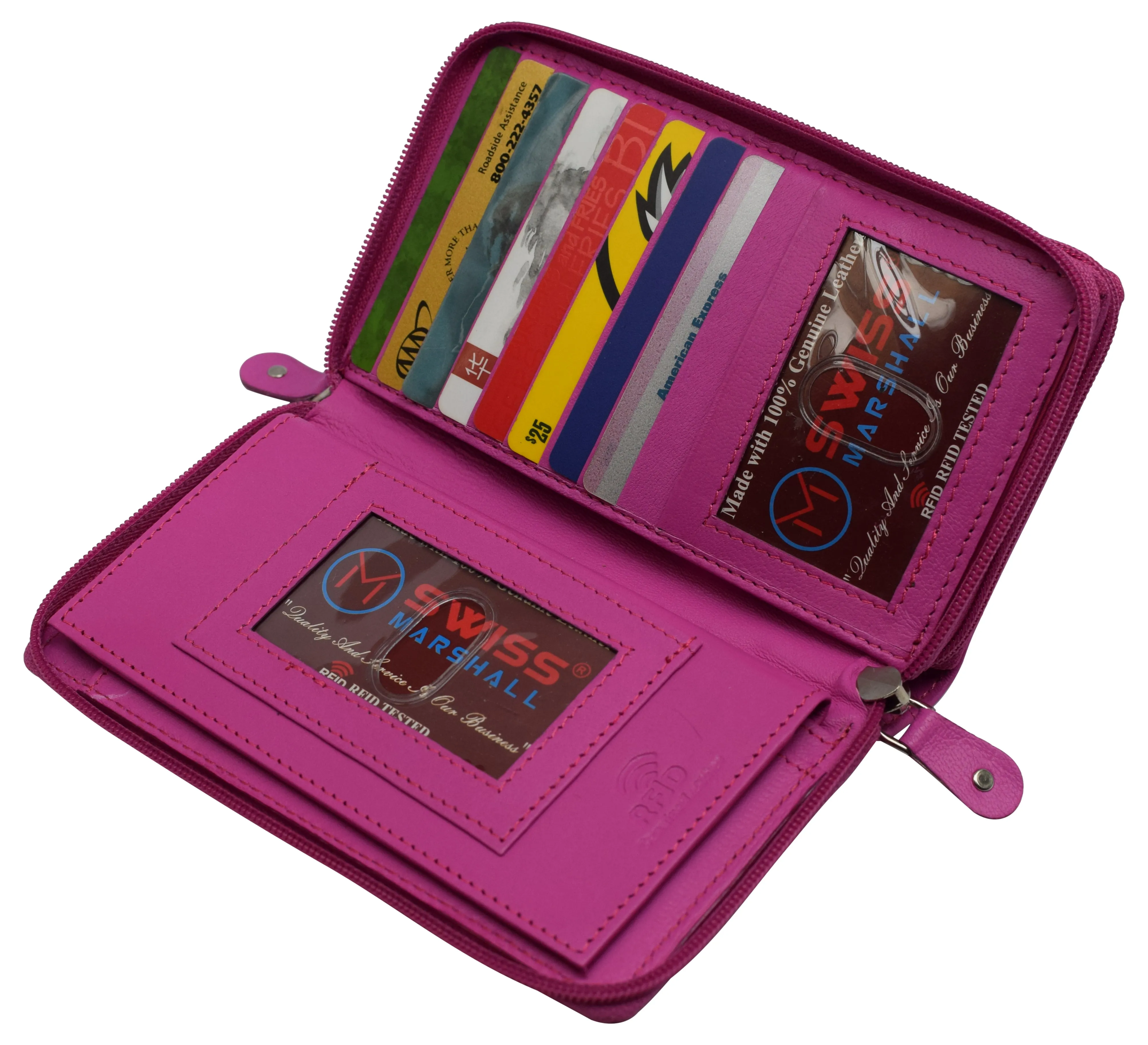 RFID Blocking Double Zipper Smartphone Genuine Leather Large Women's Wallet Hot Pink
