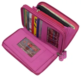 RFID Blocking Double Zipper Smartphone Genuine Leather Large Women's Wallet Hot Pink