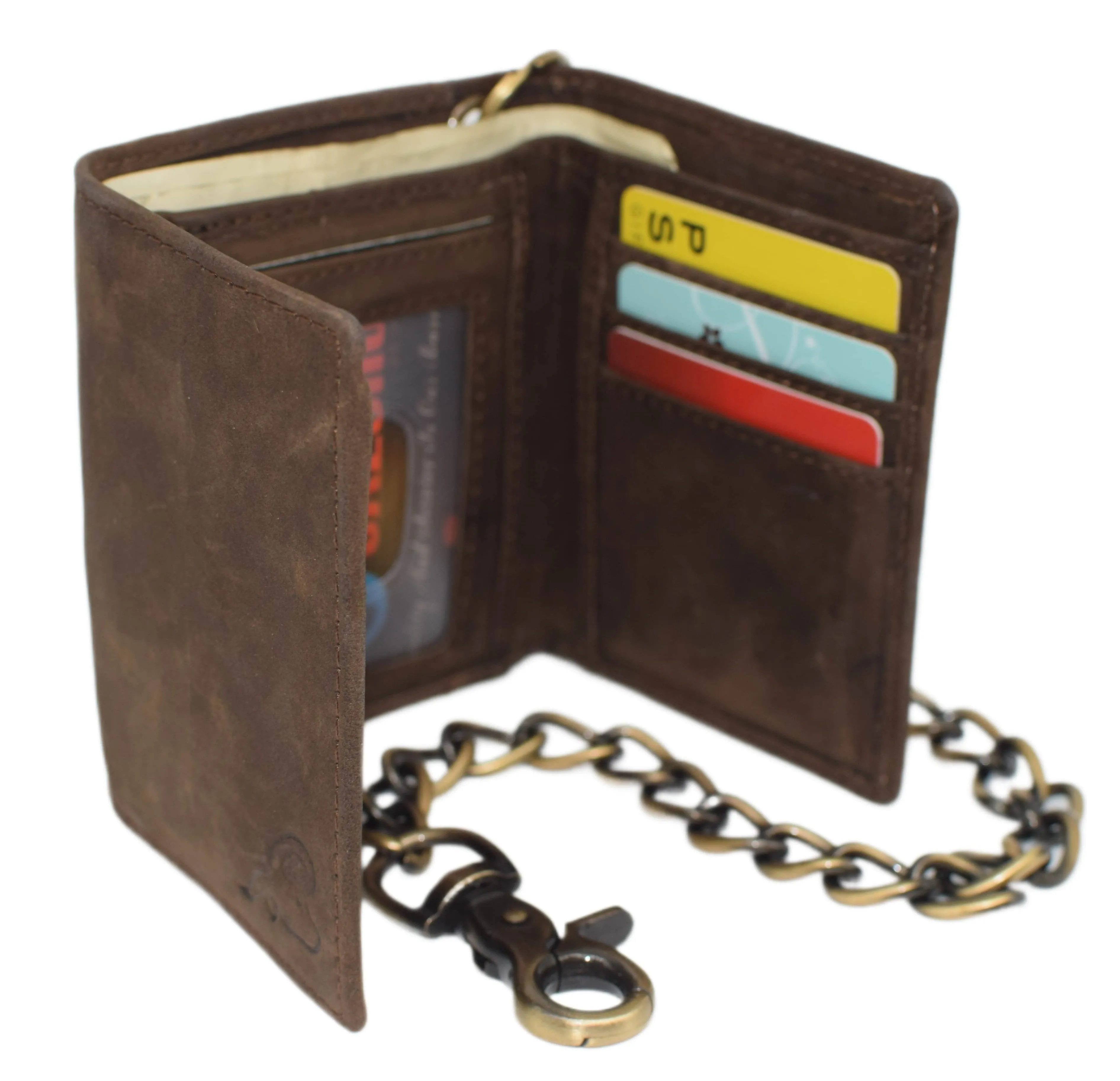RFID0946HTC Men's RFID Blocking Trifold Vintage Leather Biker Chain Wallet With Snap Closure