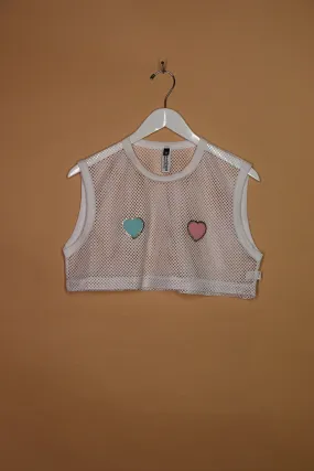 Sample#01729- Heart Pasties White Mesh Extreme Crop Tank-M