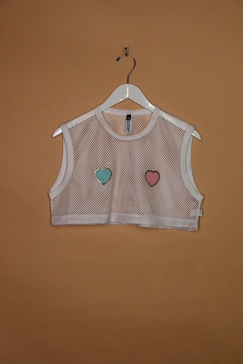 Sample#01729- Heart Pasties White Mesh Extreme Crop Tank-M