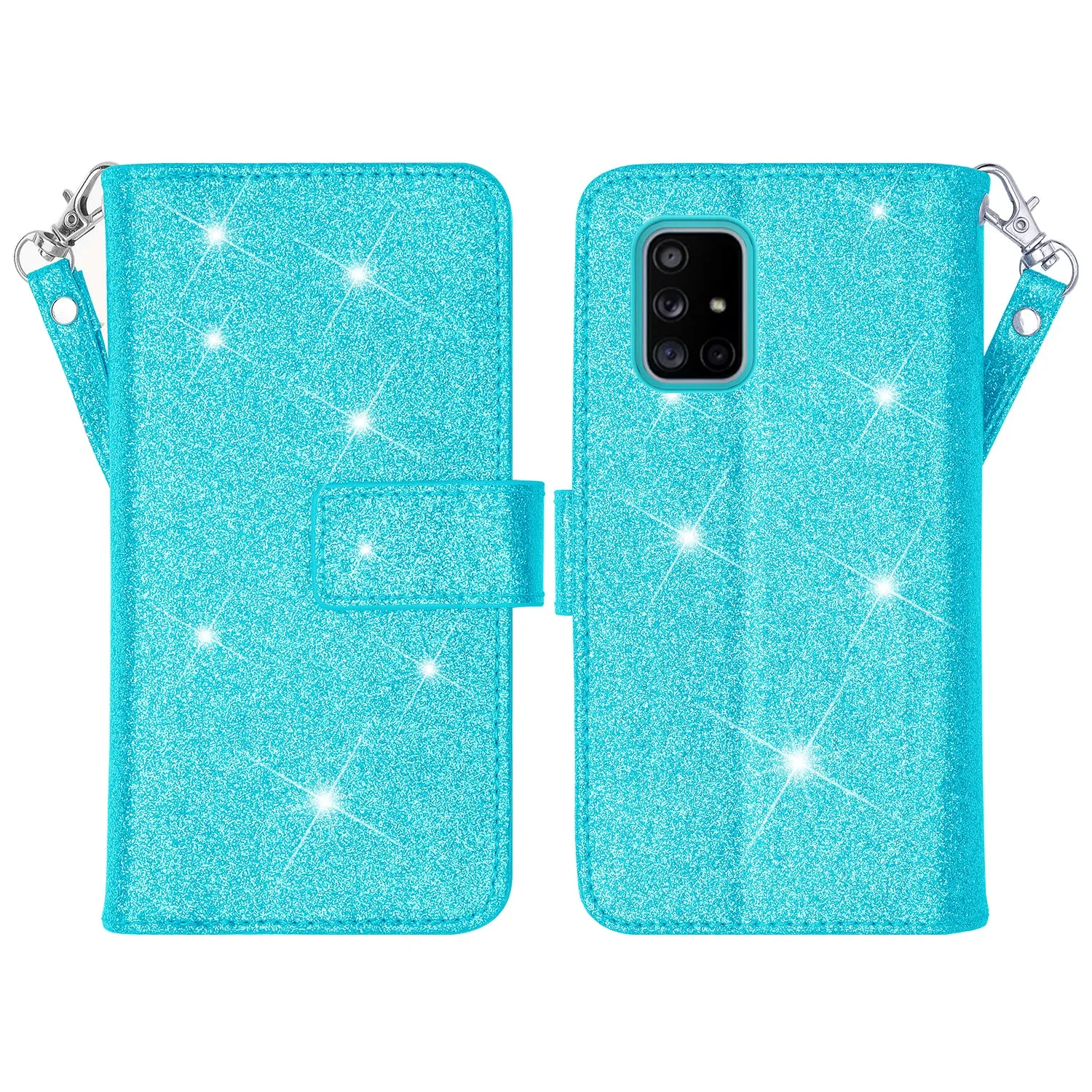 Samsung Galaxy A71 5G Case, Galaxy A71 5G Case, Glitter Faux Leather Flip Credit Card Holder Wrist Strap Shockproof Protective Wallet Case Clutch for Galaxy A71 5G - Teal
