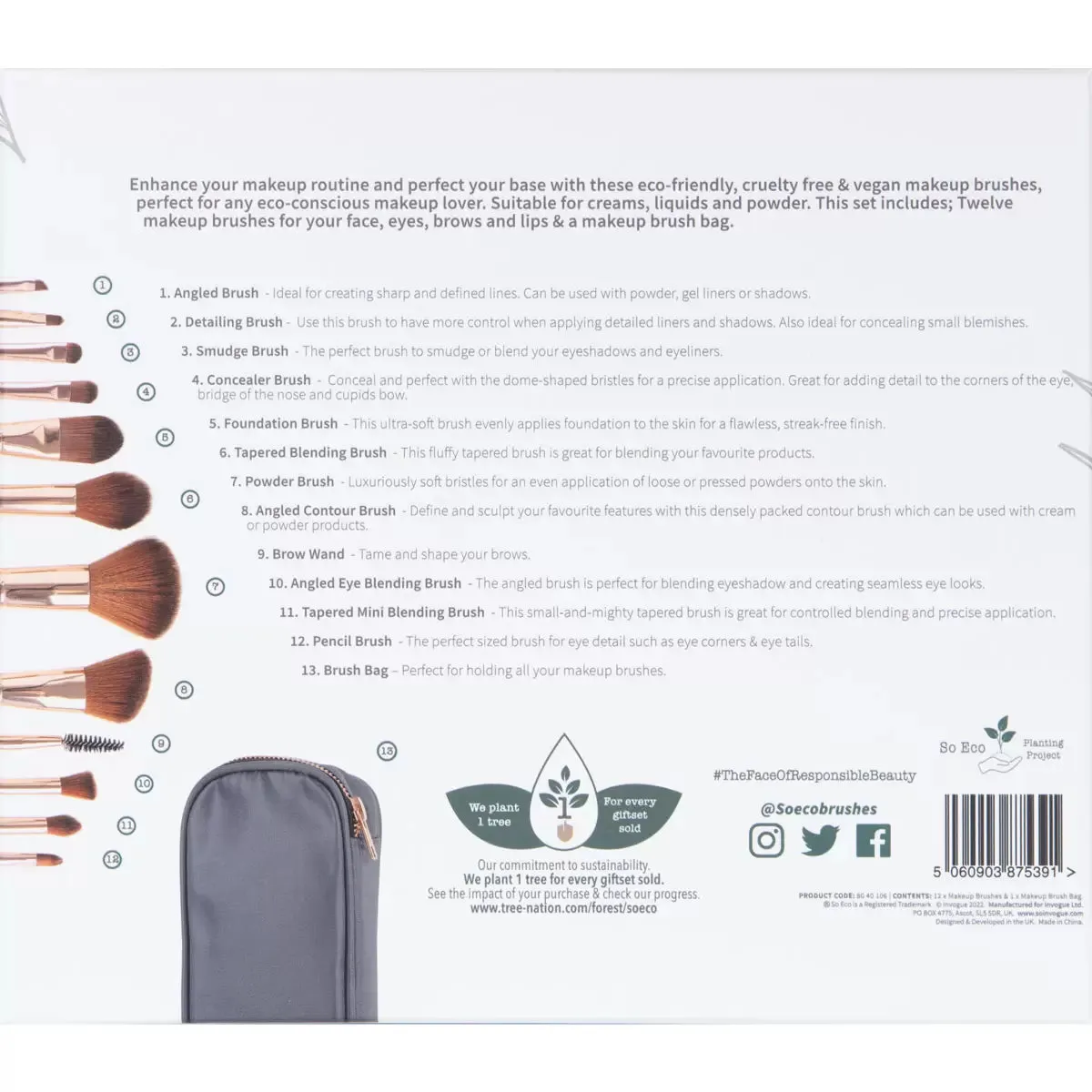 So Eco Cosmetic 12 Piece Brush Set & Bag, Cruelty free and Vegan Makeup Brushes