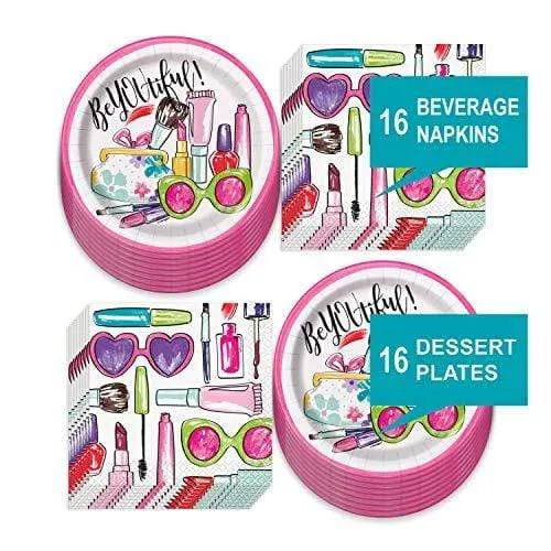 Spa & Makeup Theme Party Paper Dessert Plates and Beverage Napkins (Serves 16)