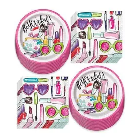 Spa & Makeup Theme Party Paper Dessert Plates and Beverage Napkins (Serves 16)