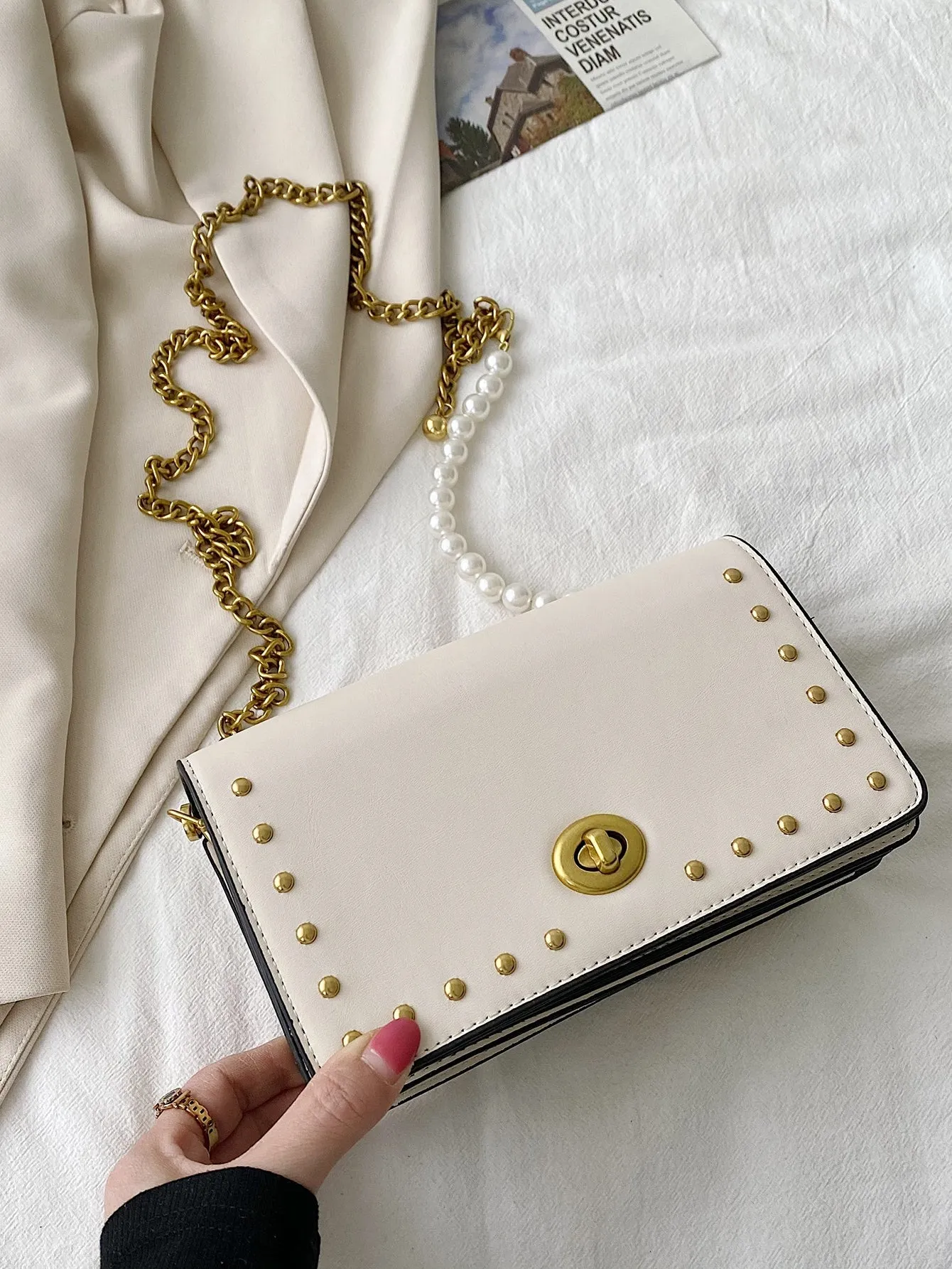 Studded Decor Chain Crossbody Bag