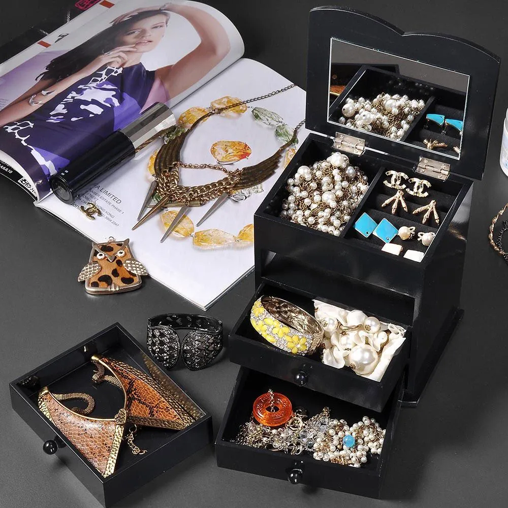 Tabletop Mirrored Jewelry Box Organizer Cabinet - Black