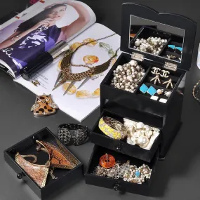 Tabletop Mirrored Jewelry Box Organizer Cabinet - Black