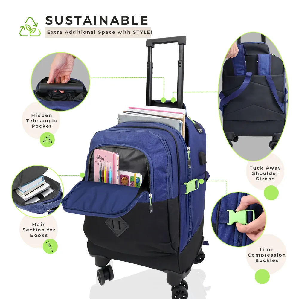 Trolley Backpack with Hidden Carry Handle and USB Charger Port