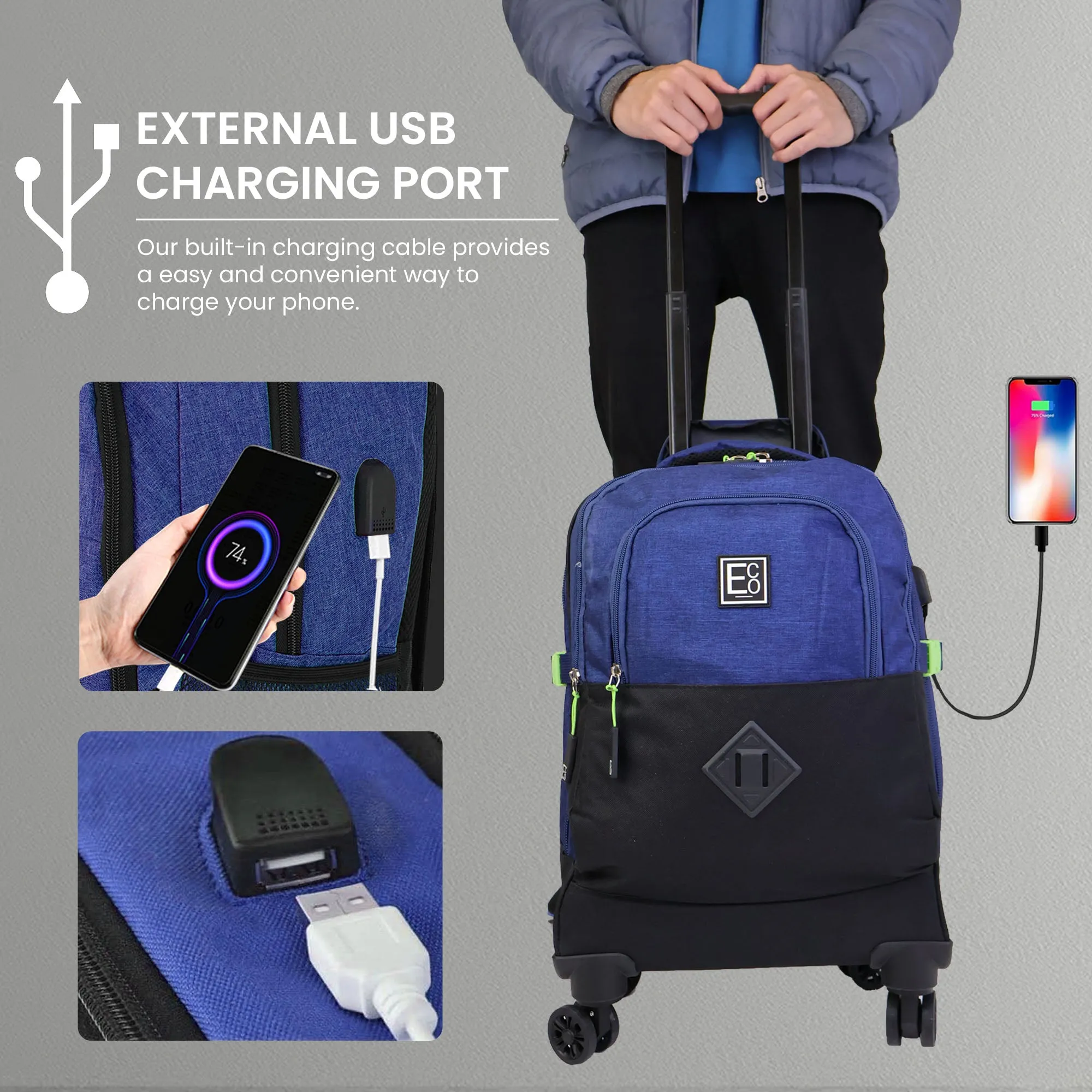 Trolley Backpack with Hidden Carry Handle and USB Charger Port
