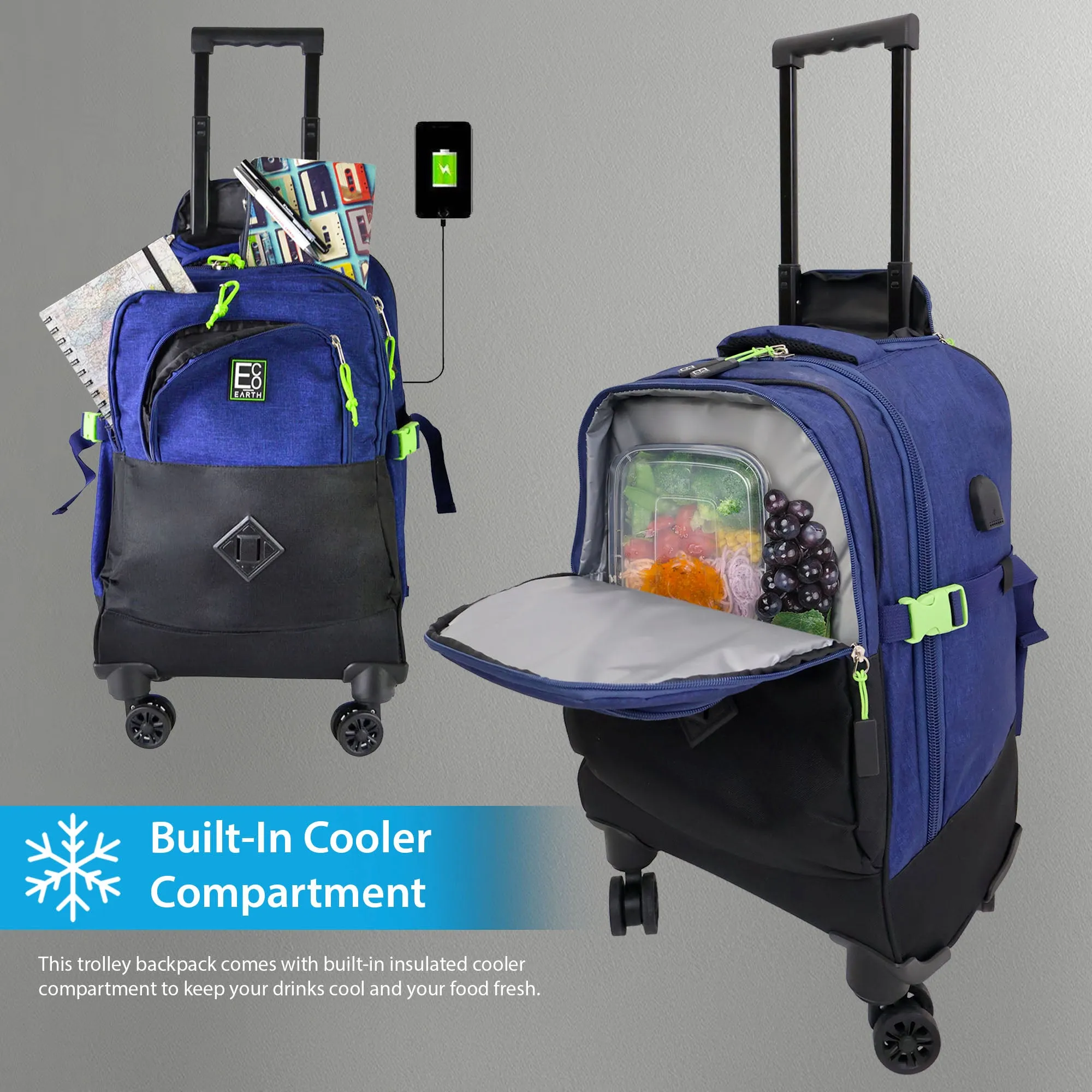 Trolley Backpack with Hidden Carry Handle and USB Charger Port
