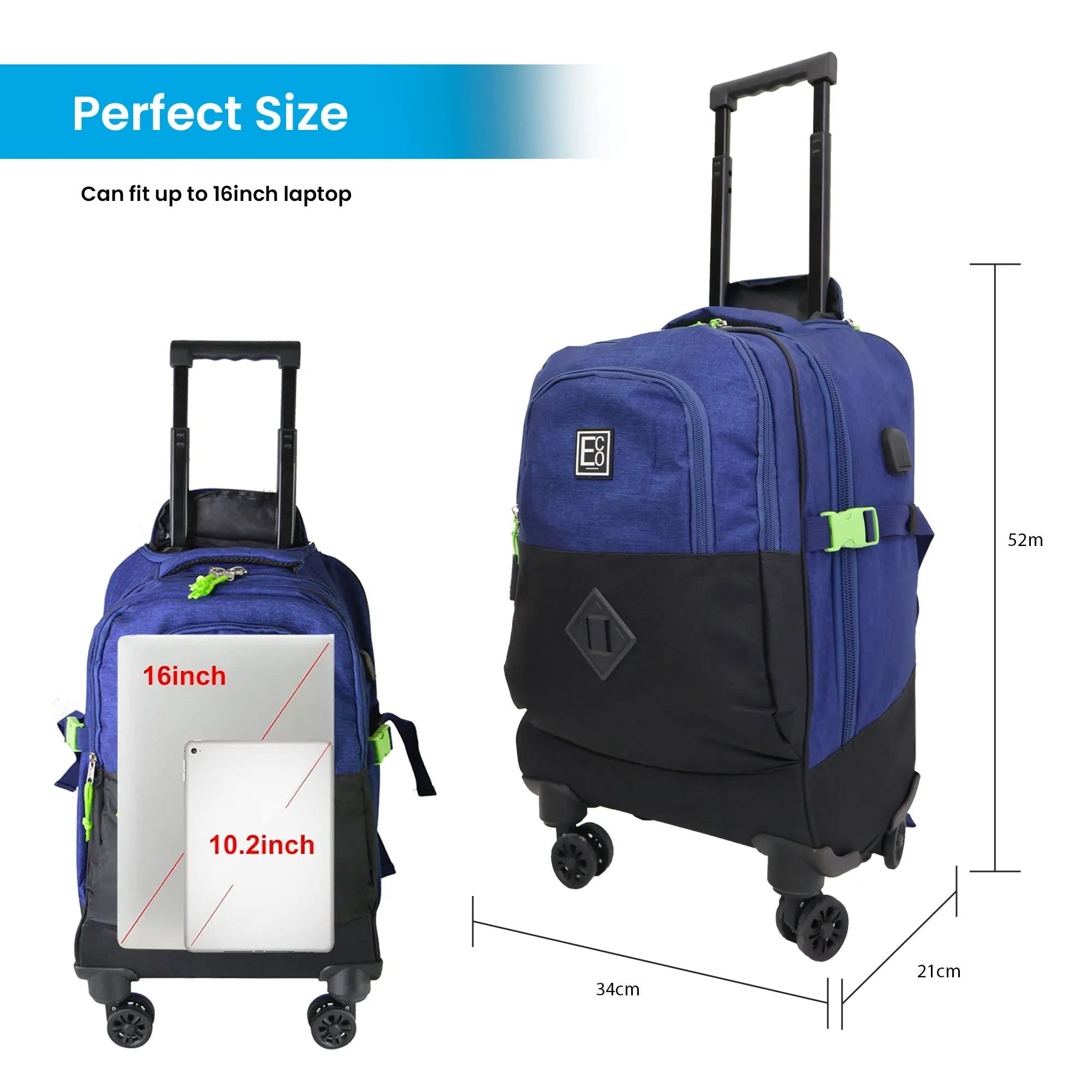 Trolley Backpack with Hidden Carry Handle and USB Charger Port
