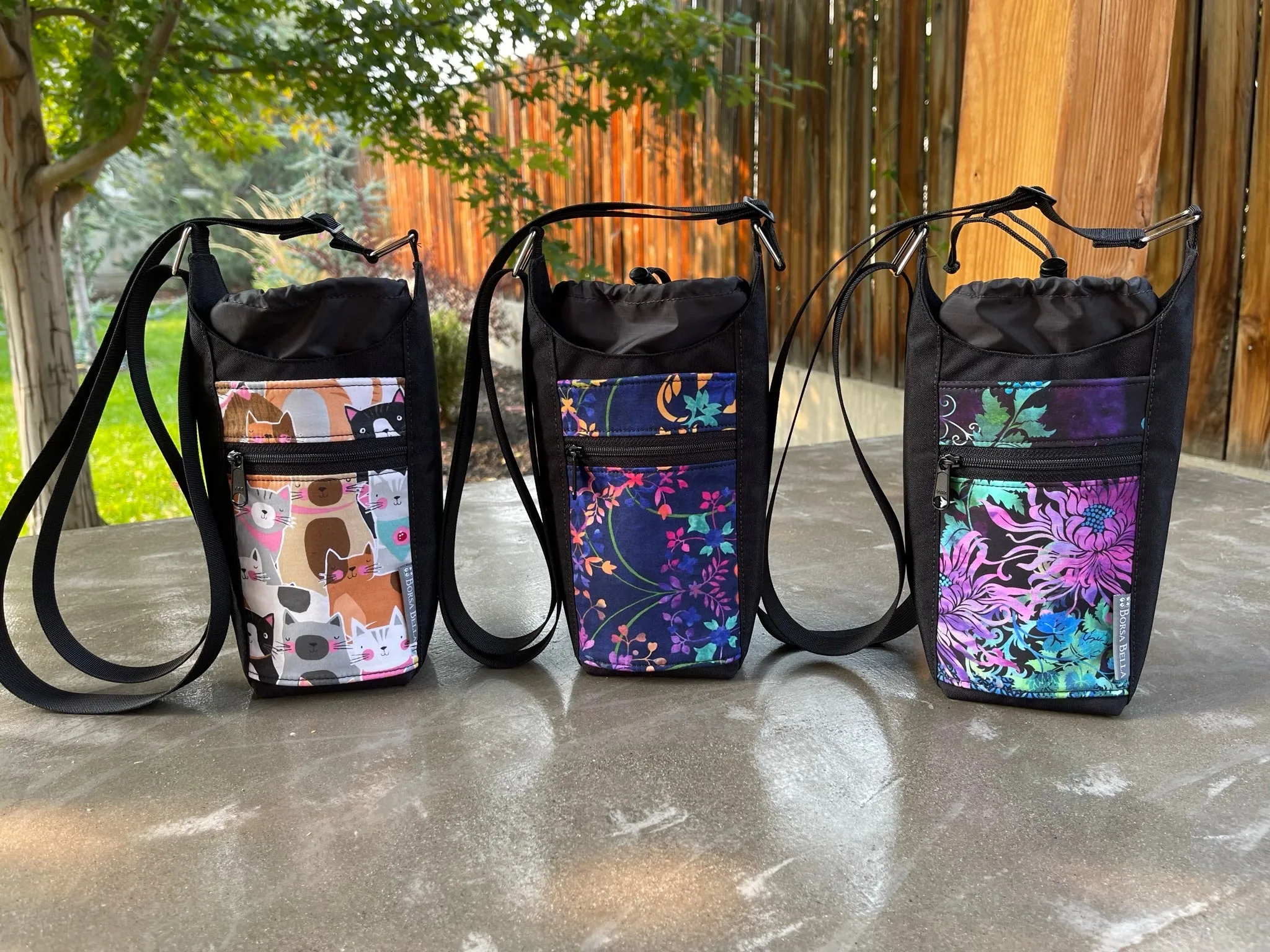 Water Bottle Crossbody Bag - Day Drinker - Cattitude Fabric Pocket