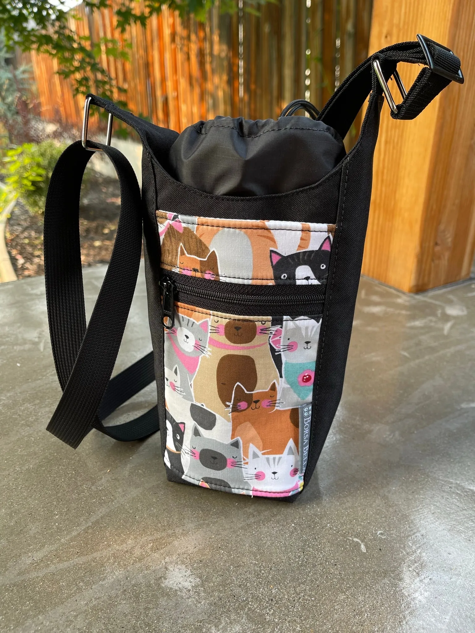Water Bottle Crossbody Bag - Day Drinker - Cattitude Fabric Pocket