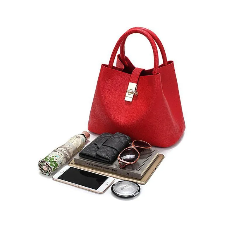Women High-quality Synthetic Faux-Leather Tote Bag Bucket with Golden Metallic Lock System