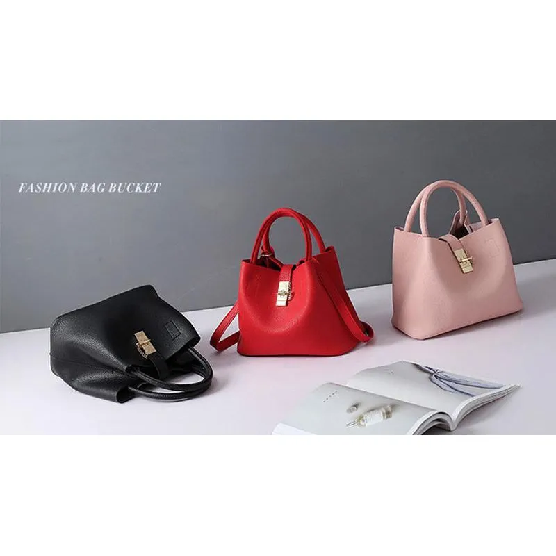 Women High-quality Synthetic Faux-Leather Tote Bag Bucket with Golden Metallic Lock System