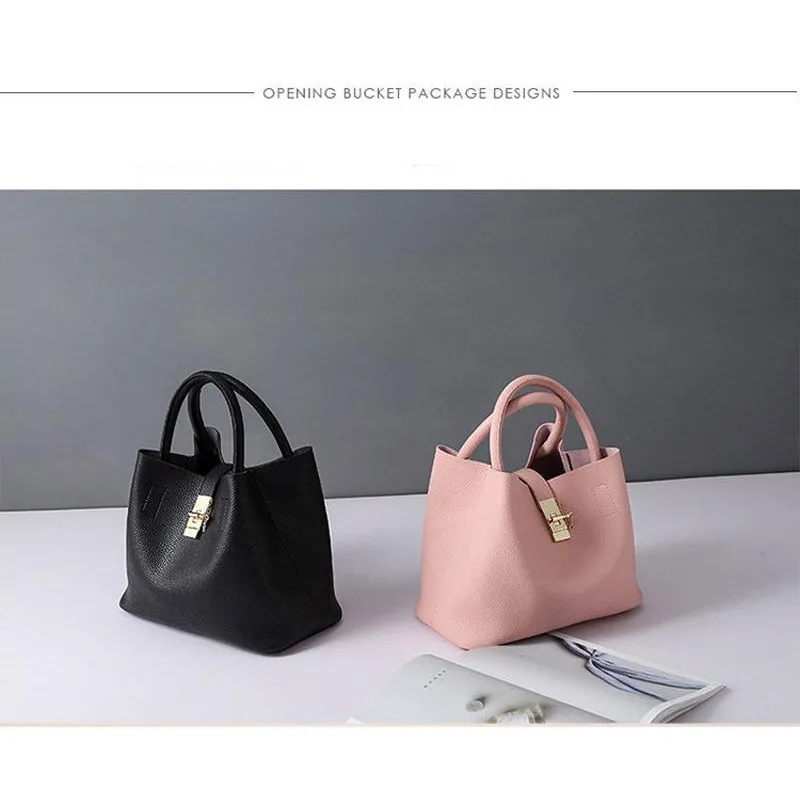 Women High-quality Synthetic Faux-Leather Tote Bag Bucket with Golden Metallic Lock System