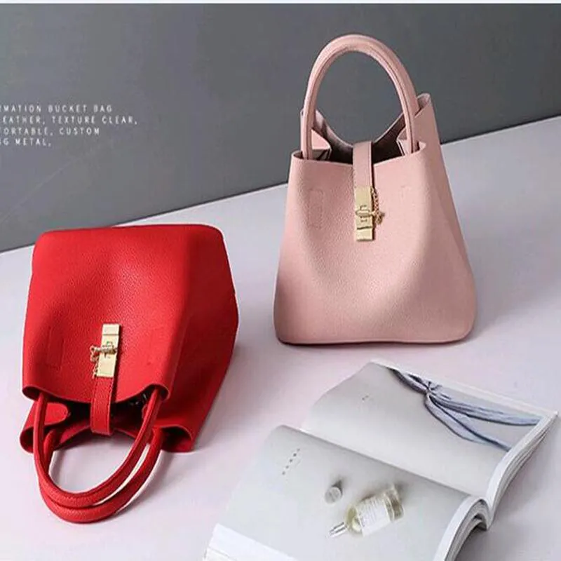 Women High-quality Synthetic Faux-Leather Tote Bag Bucket with Golden Metallic Lock System