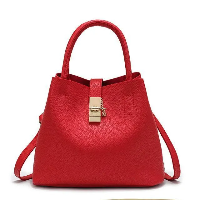 Women High-quality Synthetic Faux-Leather Tote Bag Bucket with Golden Metallic Lock System