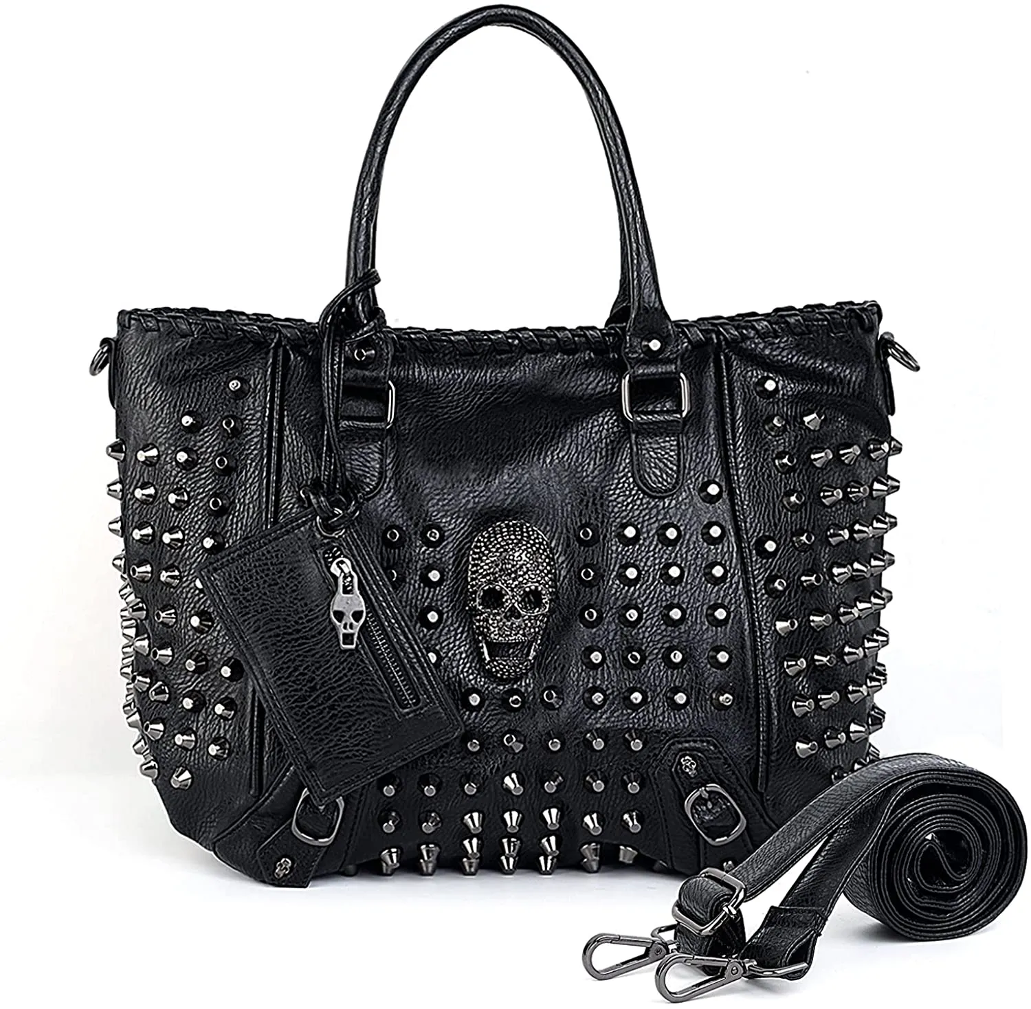 Women's Skull Tote Bag Rivet Studded PU Leather Shoulder Bag Black Handbag